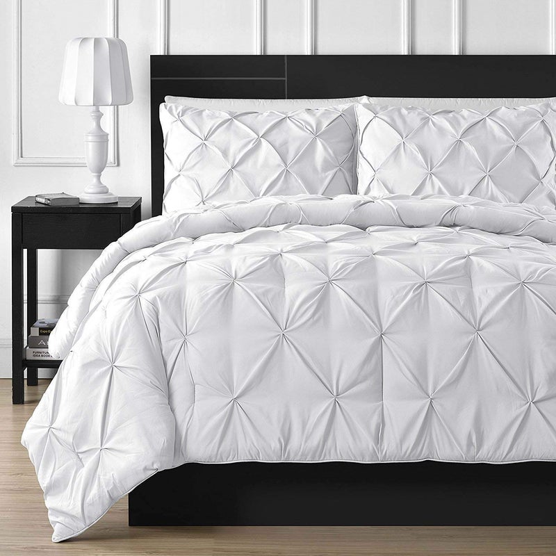 Crown Collection Luxuriate Hotel 1000-TC Hypoallergenic Ultra Soft Design 100% Egyptian Cotton 98x108 inch Super King Size White Solid Pinch Plated Duvet Cover with Zipper Colser & 2pcs Pillow Case Set - Image 1